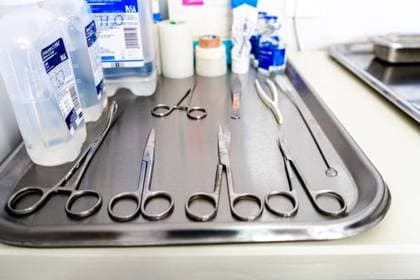 Clinic instruments on a tray